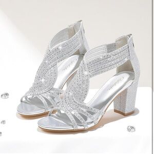 Women's Rhinestone Sparkly Chunky Block Heel  Open Toe Shoes Zipper Closure